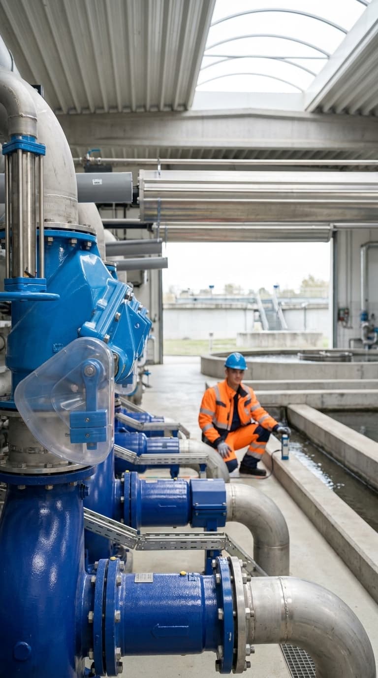 Eine Fachkraft für Abwassertechnik kniet mit einem Messgerät an einem Becken hinter großen blauen Pumpen im Klärwerk.