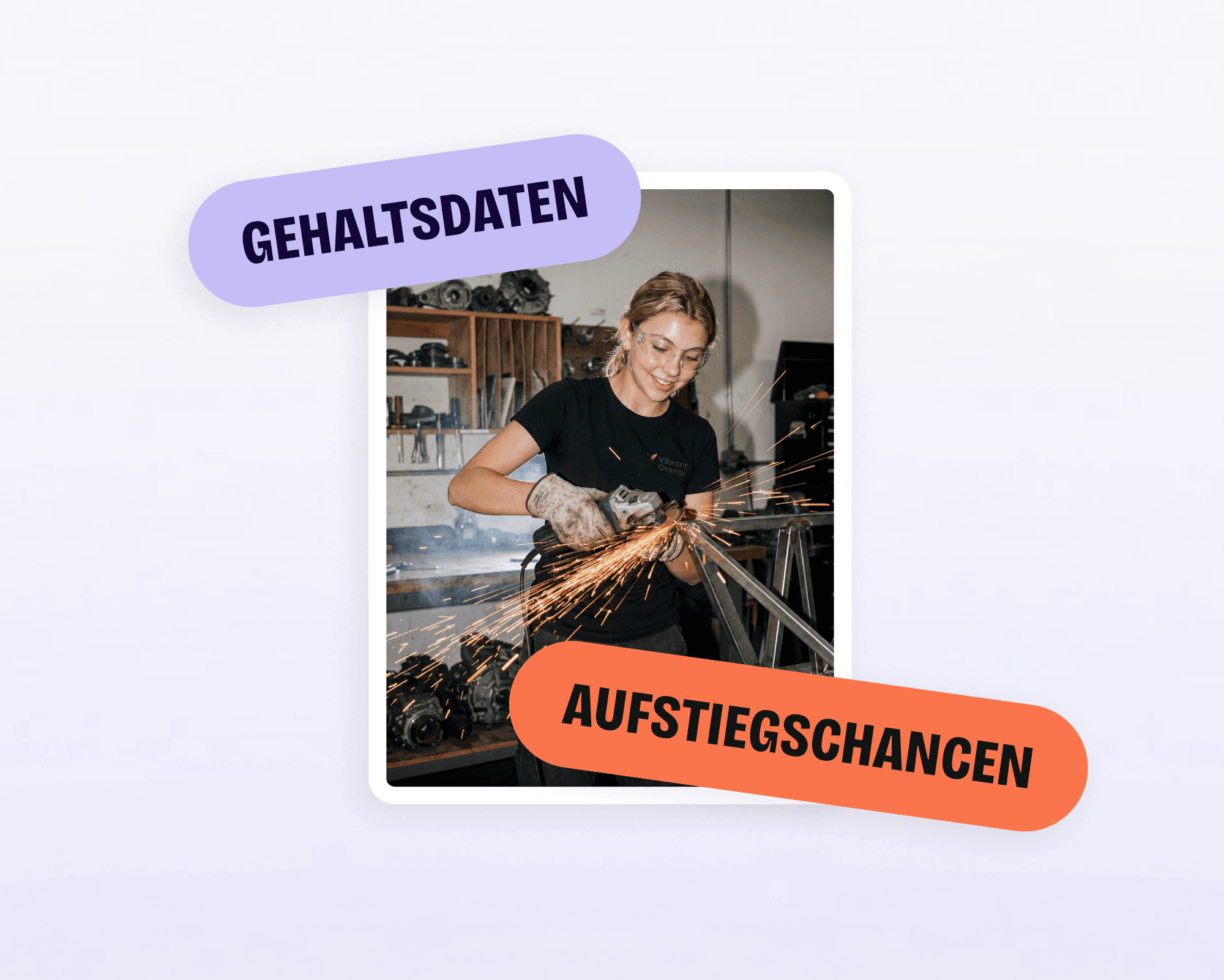 Eine junge Frau schleift Metall mit einem Winkelschleifer. Schriftzüge: Gehaltsdaten und Aufstiegschancen.