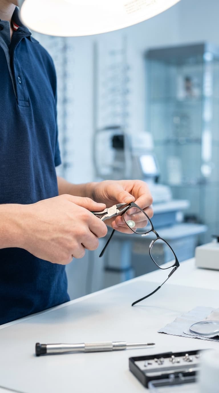 Ein Optiker repariert das Gestell einer Brille mit einer Zange an einem hellen Arbeitstisch.