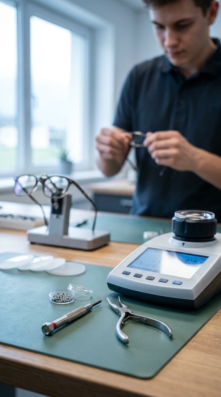 Lehrling in der Augenoptik arbeitet an einem Tisch mit Brillen, Zange, Schraubendreher und Messgerät.