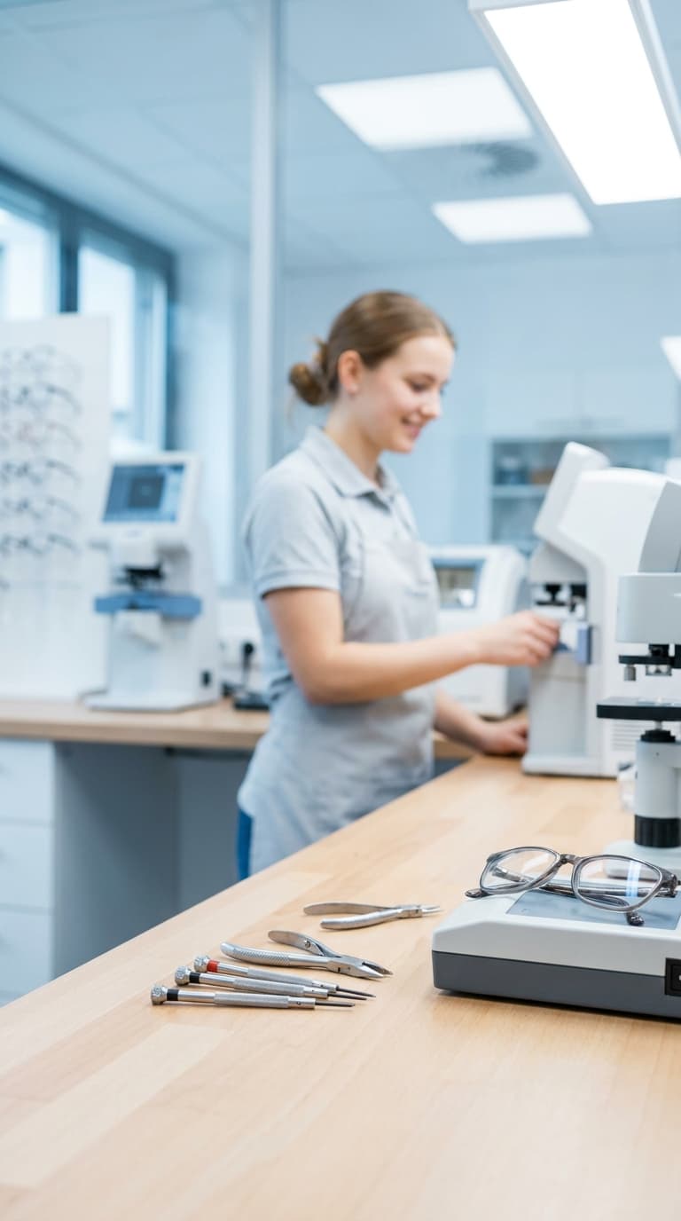 Augenoptikerin arbeitet an einem Gerät in der Werkstatt; im Vordergrund liegen eine Brille und Werkzeuge.