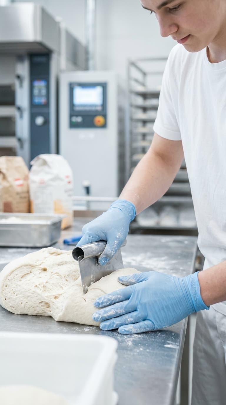 Ein Bäcker mit blauen Handschuhen portioniert Teig mit einem Teigschaber in einer Backstube.