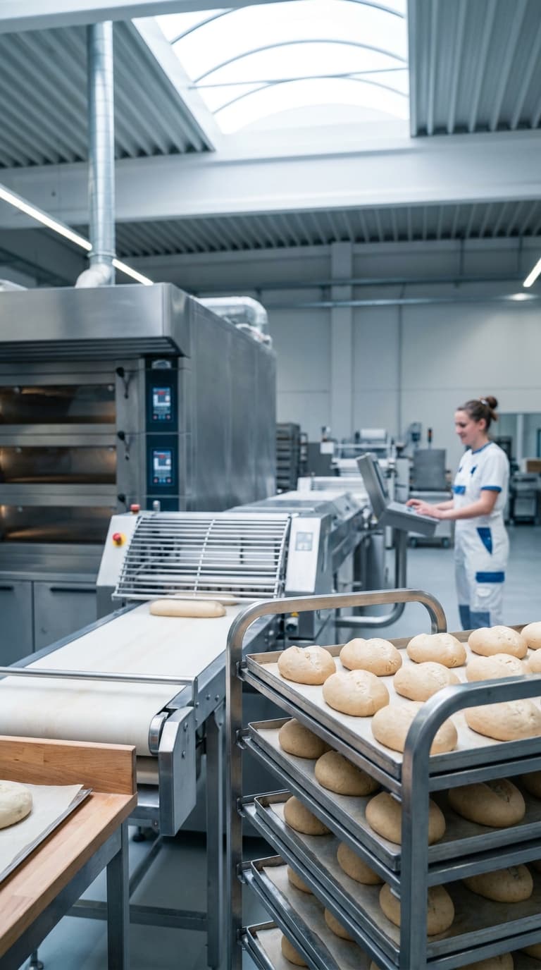 Bäckerin bedient ein Steuerpult in einer Großbäckerei mit Fließband und Teiglingen auf einem Backwagen.