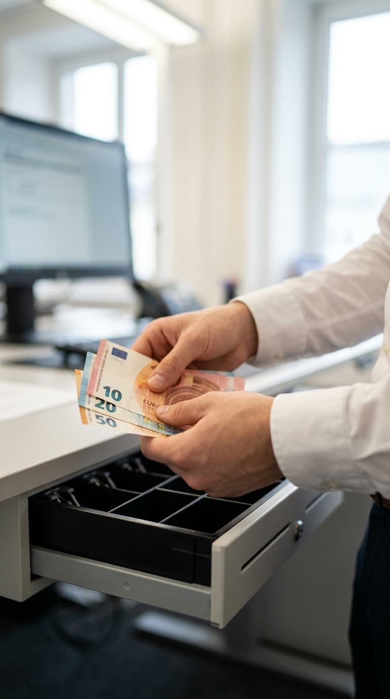 Eine Person im weißen Hemd zählt Euroscheine über einer geöffneten Kassenschublade im Büro.