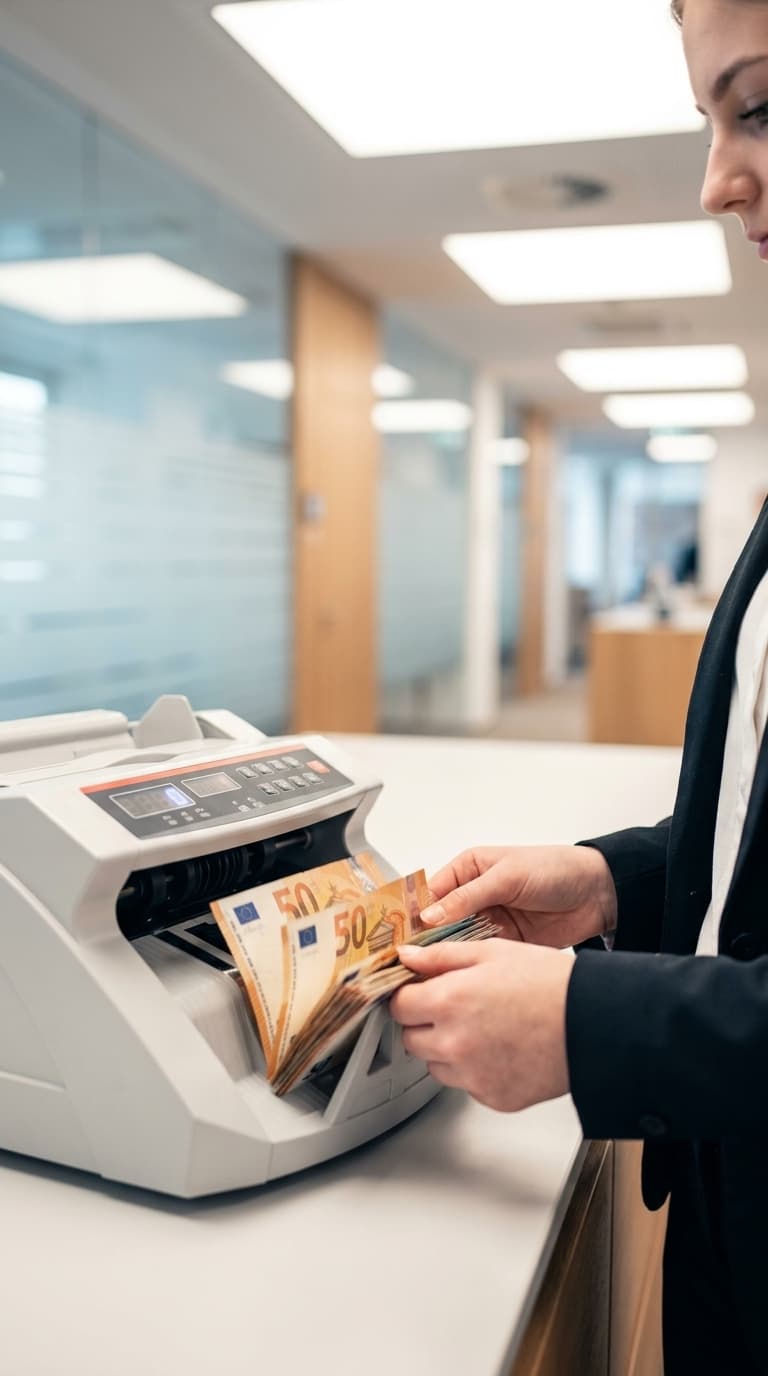 Eine Angestellte legt stapelweise 50-Euro-Scheine in eine Geldzählmaschine.