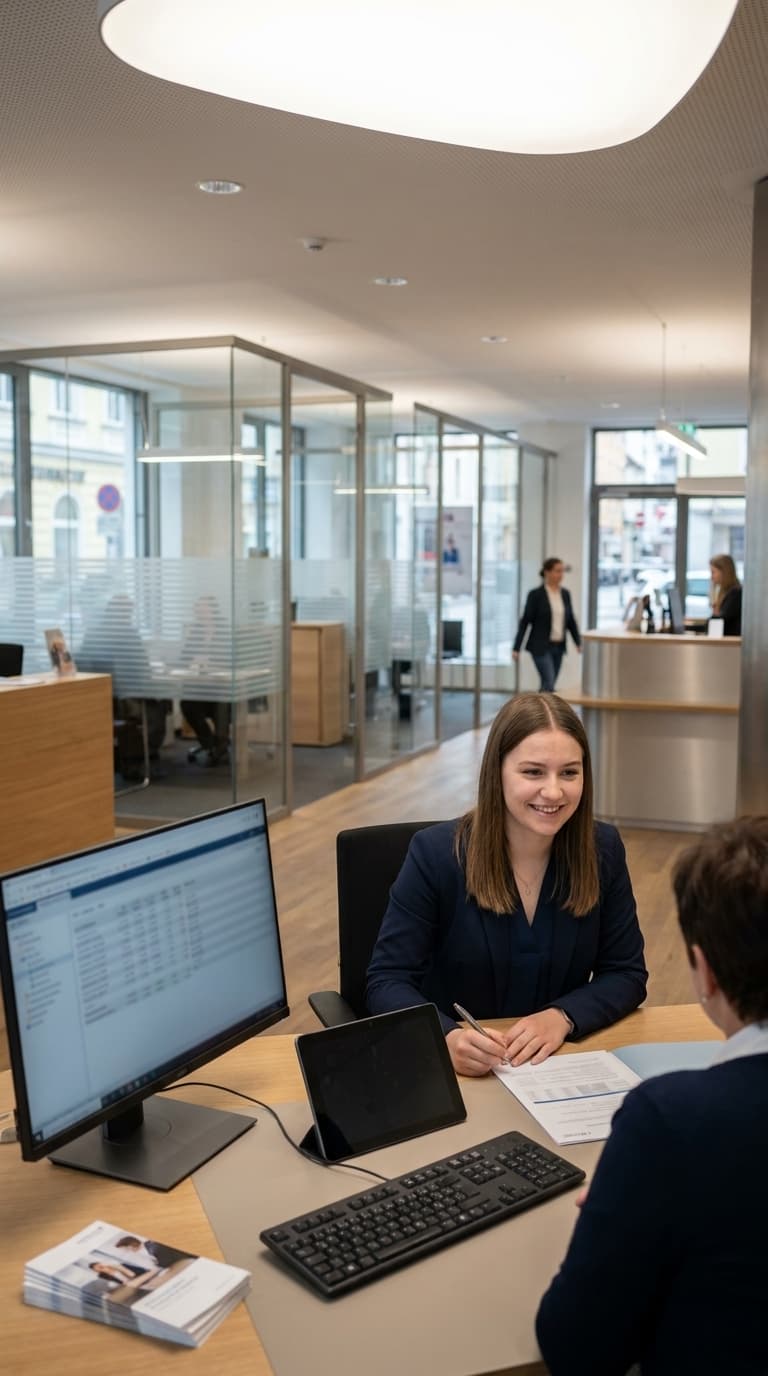Eine junge Beraterin im Blazer führt lächelnd ein Beratungsgespräch am Schreibtisch in einem Büro.
