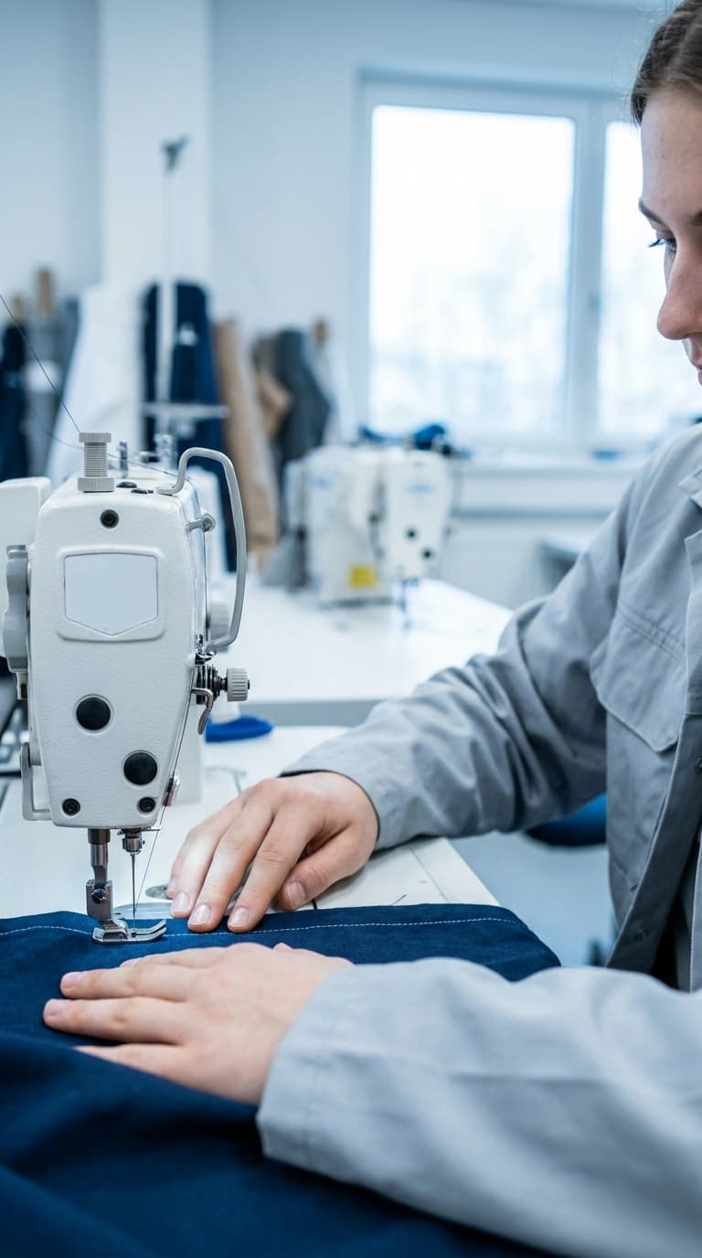 Eine Schneiderin näht blauen Stoff mit einer professionellen Nähmaschine in einer Werkstatt.