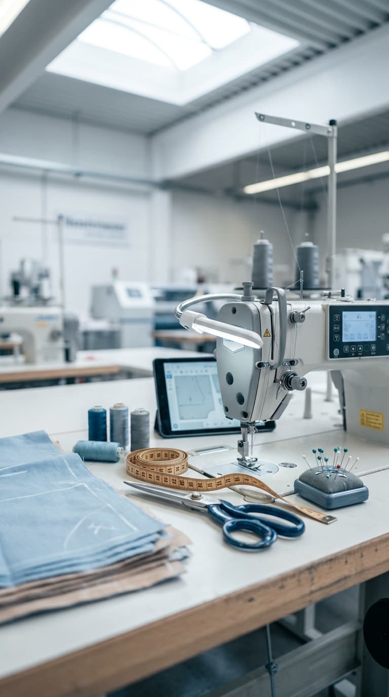 Industrienähmaschine mit Schere, Maßband, Nadelkissen und Stoff auf einem Arbeitstisch in einer Schneiderei.