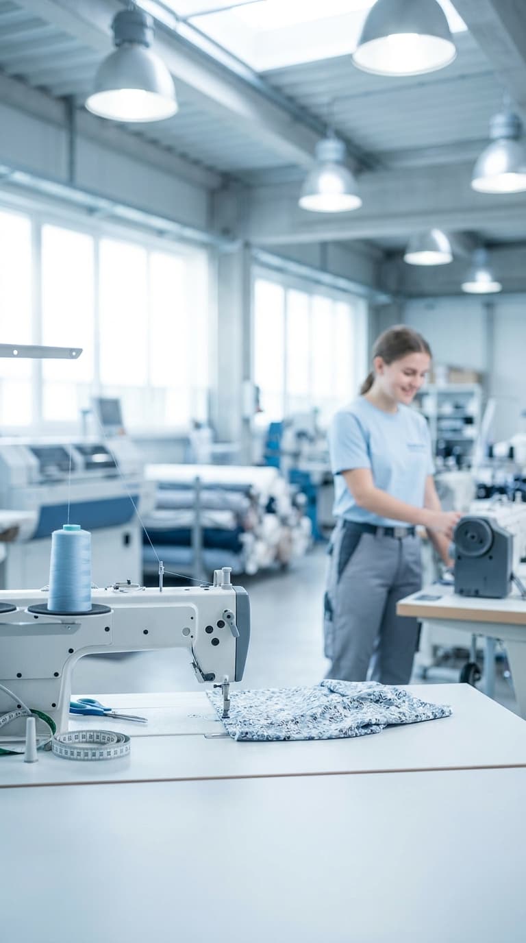 Eine Schneiderin arbeitet in einer hellen Textilwerkstatt, im Vordergrund steht eine Nähmaschine mit Stoff.