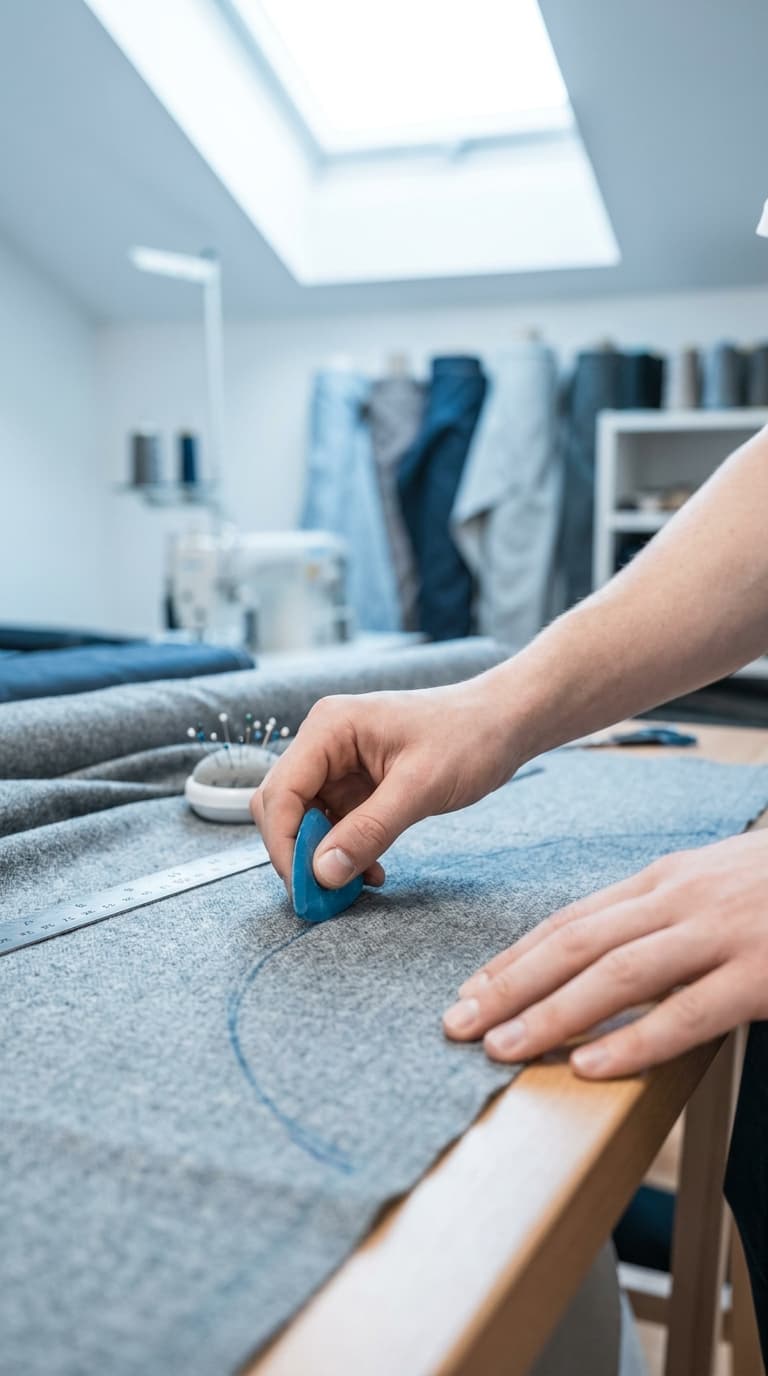 Hände zeichnen mit blauer Schneiderkreide eine geschwungene Linie auf grauen Stoff in einer Schneiderwerkstatt.