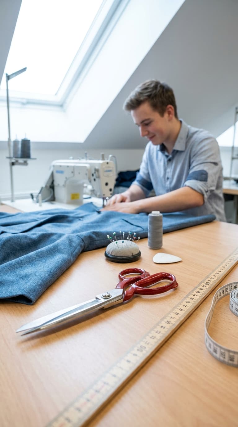 Ein Schneider arbeitet an einer Nähmaschine; im Vordergrund liegen Schere, Nadelkissen und Maßband auf einem Holztisch.