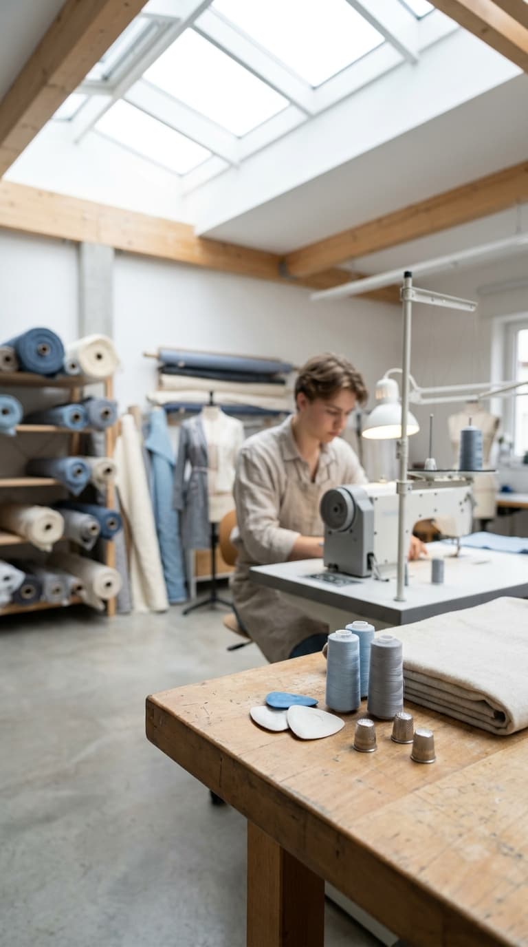 Ein Schneider arbeitet an einer Nähmaschine in einer hellen Werkstatt mit Stoffrollen im Hintergrund.