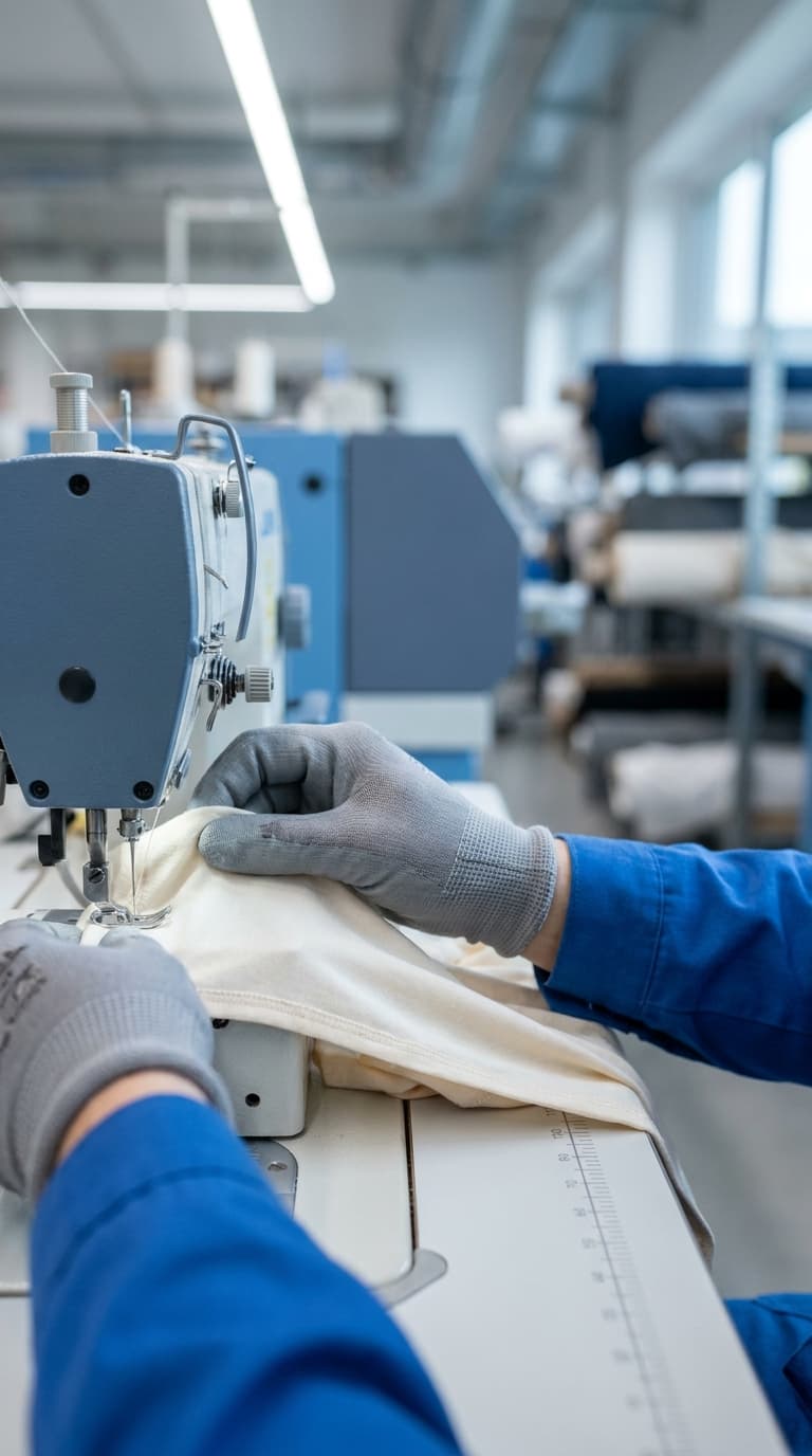 Hände in Arbeitshandschuhen führen hellen Stoff unter die Nadel einer industriellen Nähmaschine.