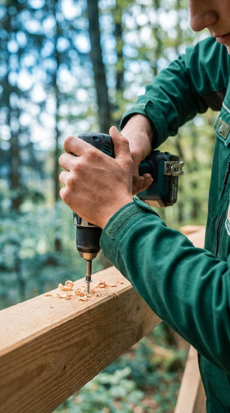 Handwerker in grüner Arbeitskleidung dreht mit einem Akkuschrauber eine Schraube in einen Holzbalken.