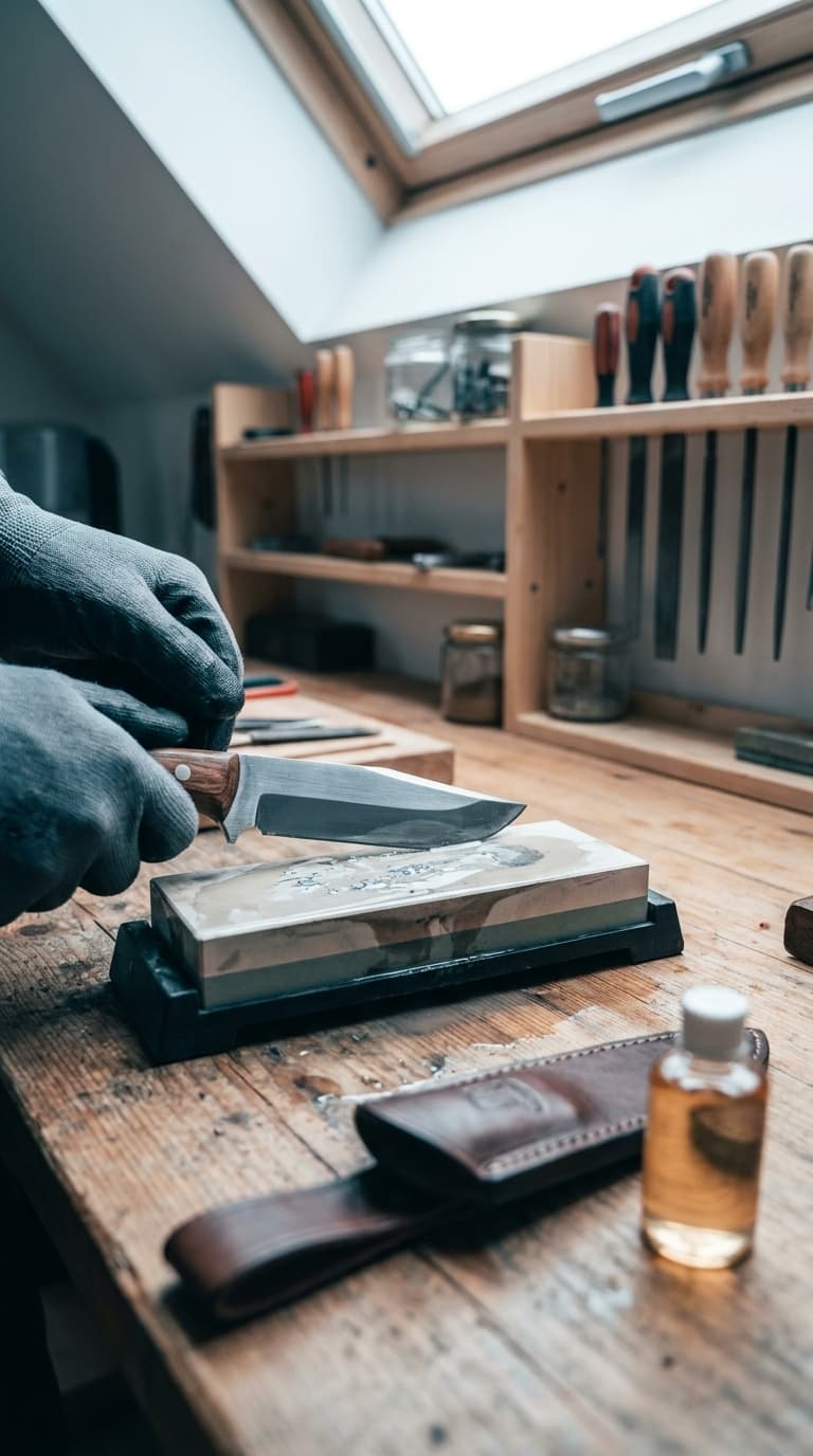 Hände in Arbeitshandschuhen schleifen ein Messer auf einem Schleifstein auf einer hölzernen Werkbank.