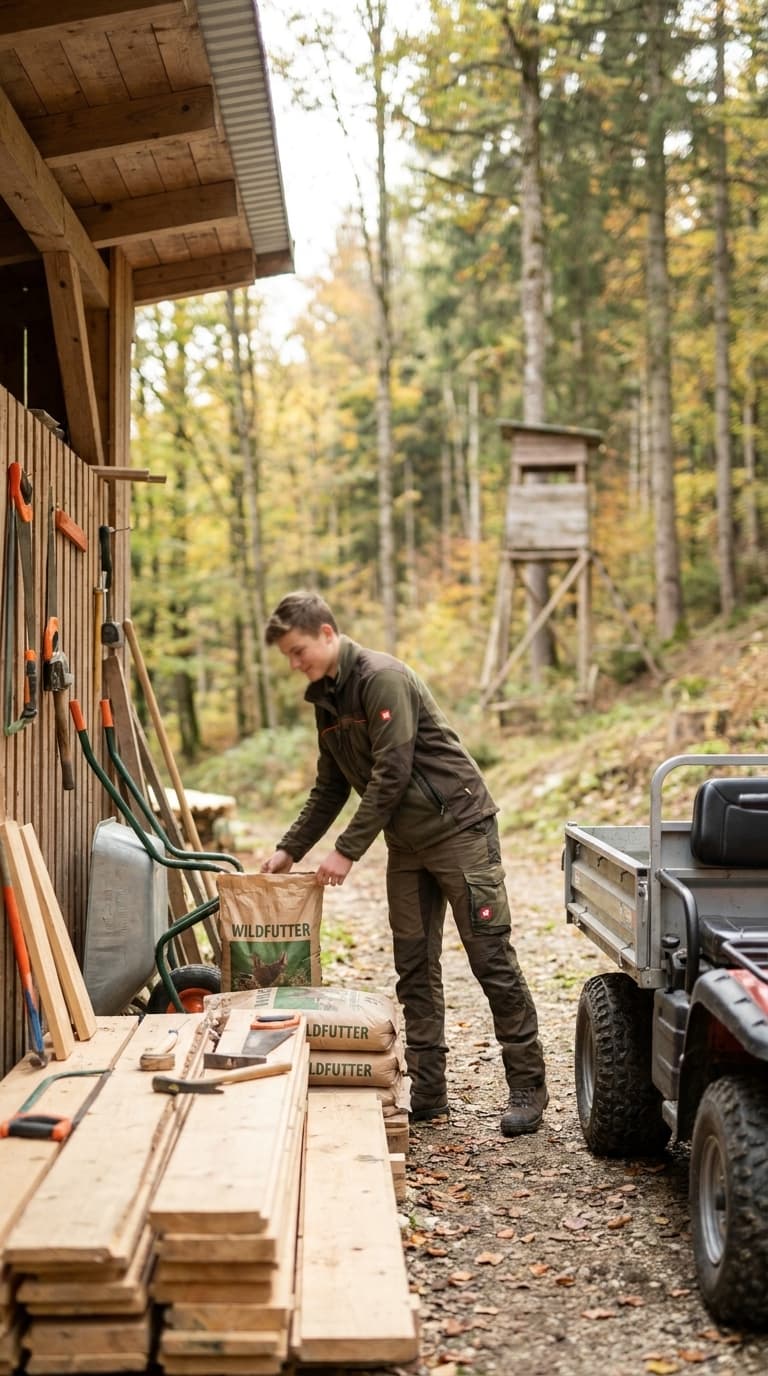 Ein Forstarbeiter hebt einen Sack Wildfutter neben Holzplanken vor einem Schuppen im Wald.
