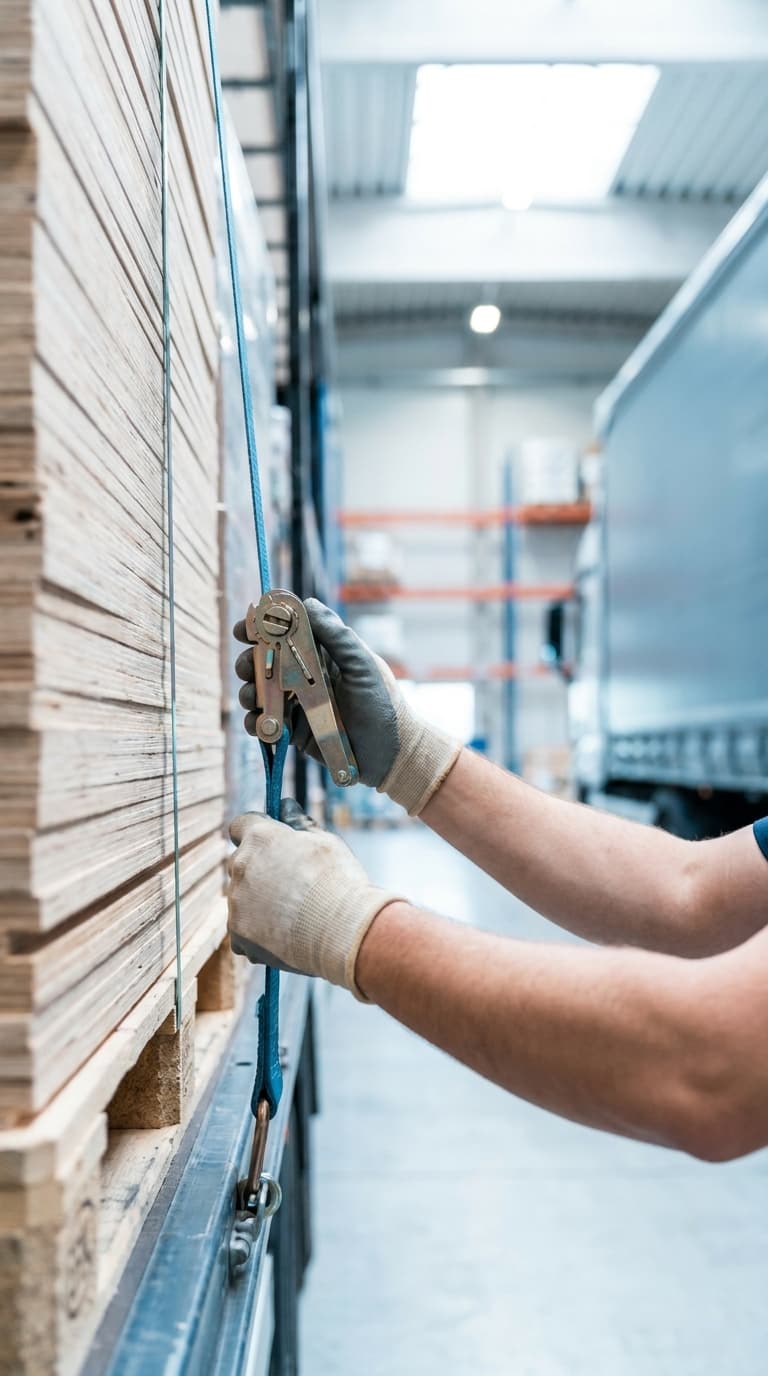 Eine Fachkraft sichert gestapeltes Holz auf einer Palette mit einem blauen Spanngurt in einer Lagerhalle.