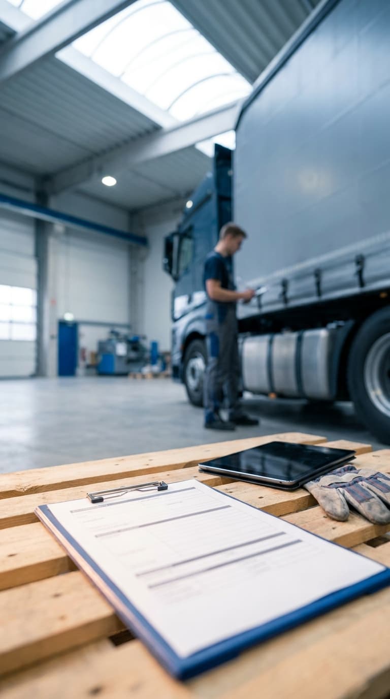 Ein Mechaniker prüft einen Lkw, während im Vordergrund Klemmbrett, Tablet und Arbeitshandschuhe auf einer Palette liegen.