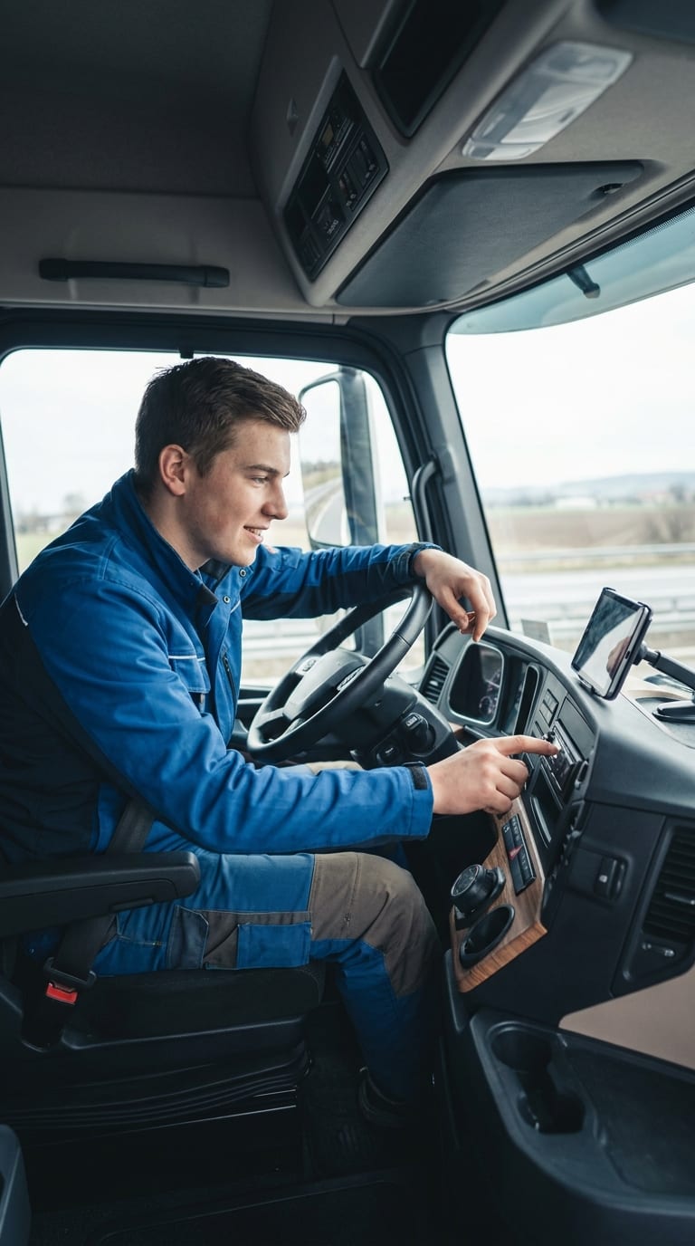 Ein junger Lkw-Fahrer sitzt am Steuer im Führerhaus und bedient das Radio am Armaturenbrett.