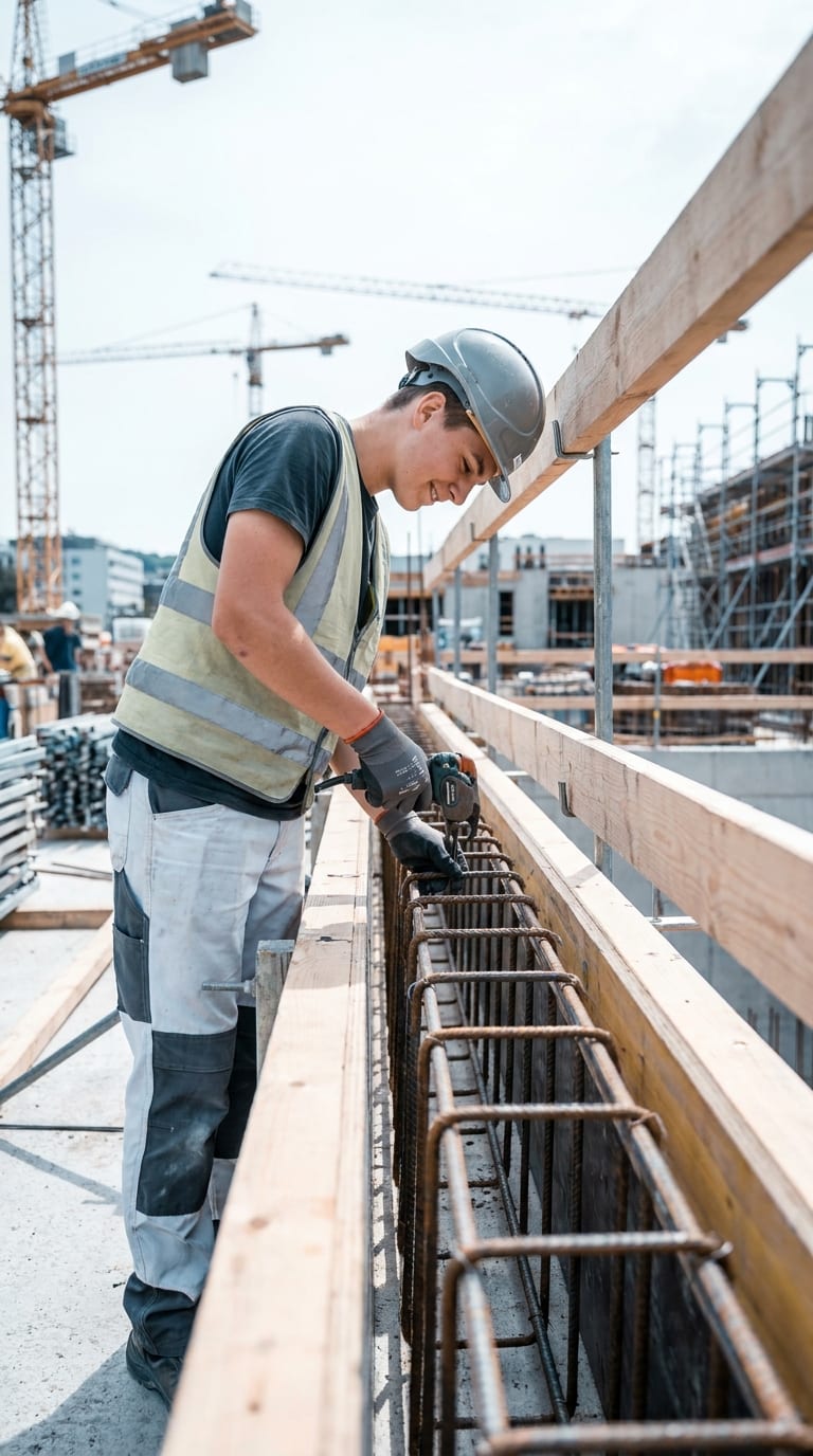 Ein junger Betonbauer mit Helm flechtet auf einer Baustelle Bewehrungsstahl in einer Holzschalung.
