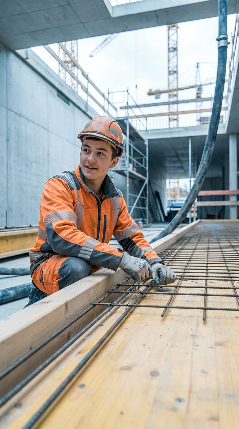 Ein Bauarbeiter in orangefarbener Schutzkleidung befestigt Bewehrungsstahl auf einer Baustelle.
