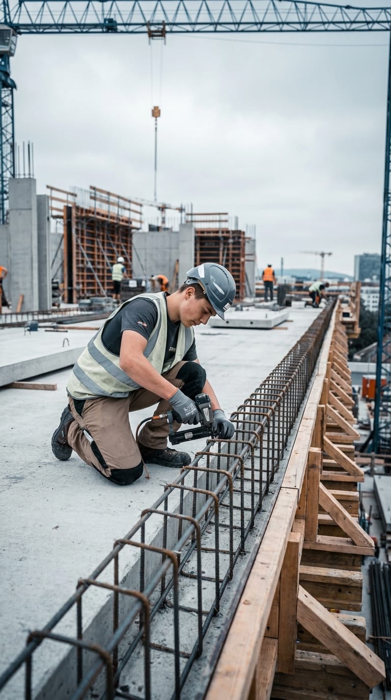 Ein Bauarbeiter kniet auf einer Betonplatte und verbindet Bewehrungsstahl auf einer Baustelle mit einer Bindemaschine.