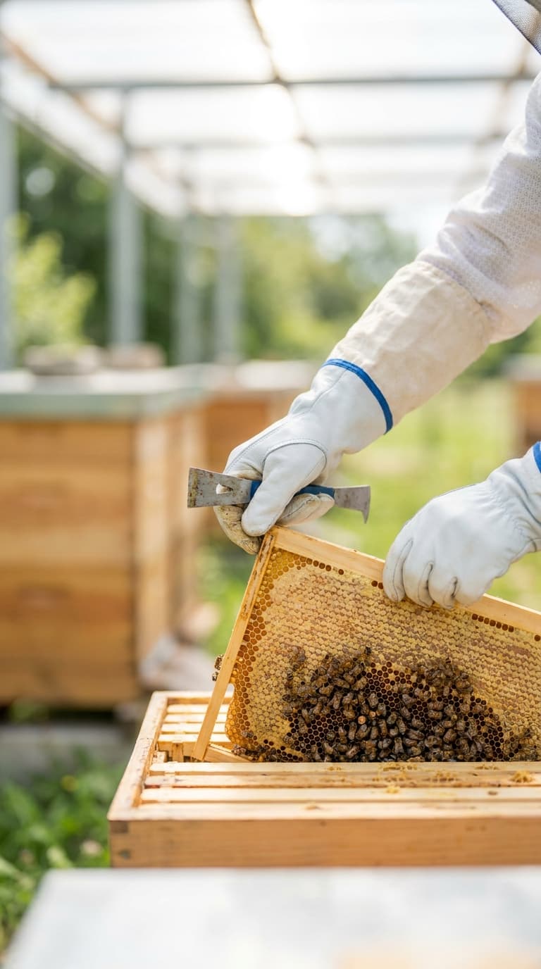 Eine Person in Imkerkleidung hält eine dicht mit Bienen besetzte Wabe über einen geöffneten Bienenstock.