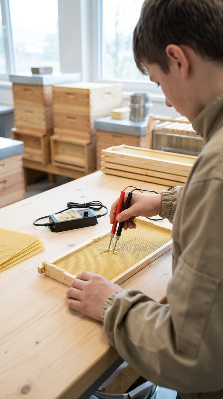 Ein Imker-Lehrling schmilzt mit einem elektrischen Einlöter eine Wachsplatte in ein Holzrähmchen ein.