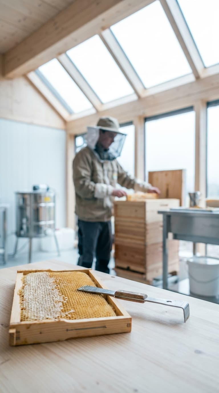 Honigwabe mit Werkzeug auf einem Tisch, im Hintergrund arbeitet ein Imker in Schutzkleidung an Bienenstöcken.