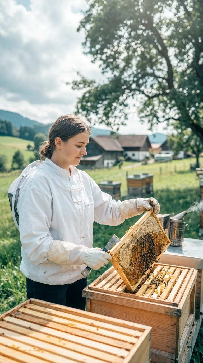 Eine Imkerin im weißen Schutzanzug hält eine Bienenwabe mit Bienen über einen hölzernen Bienenstock im Freien.