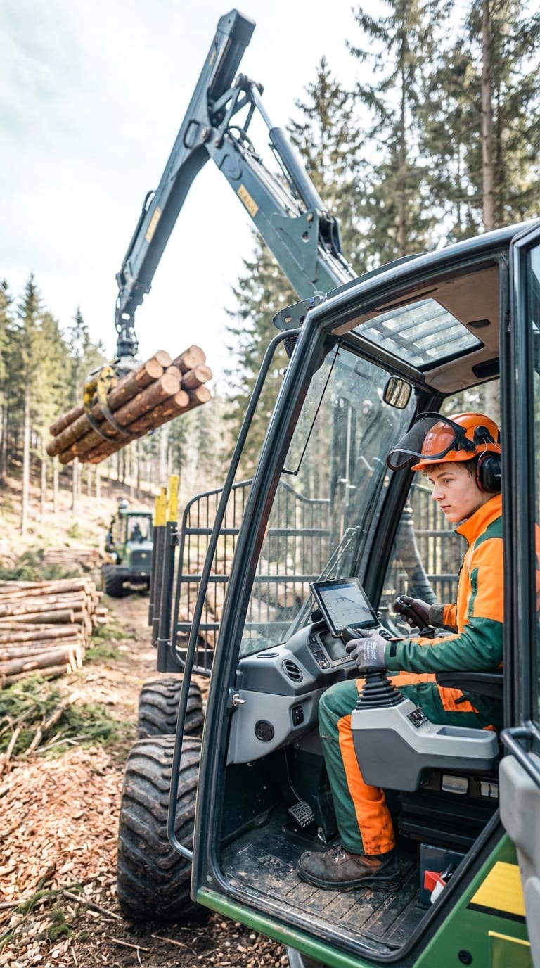 Ein Forstwirt steuert aus der Kabine einer Forstmaschine einen Kran, der Baumstämme im Wald verlädt.