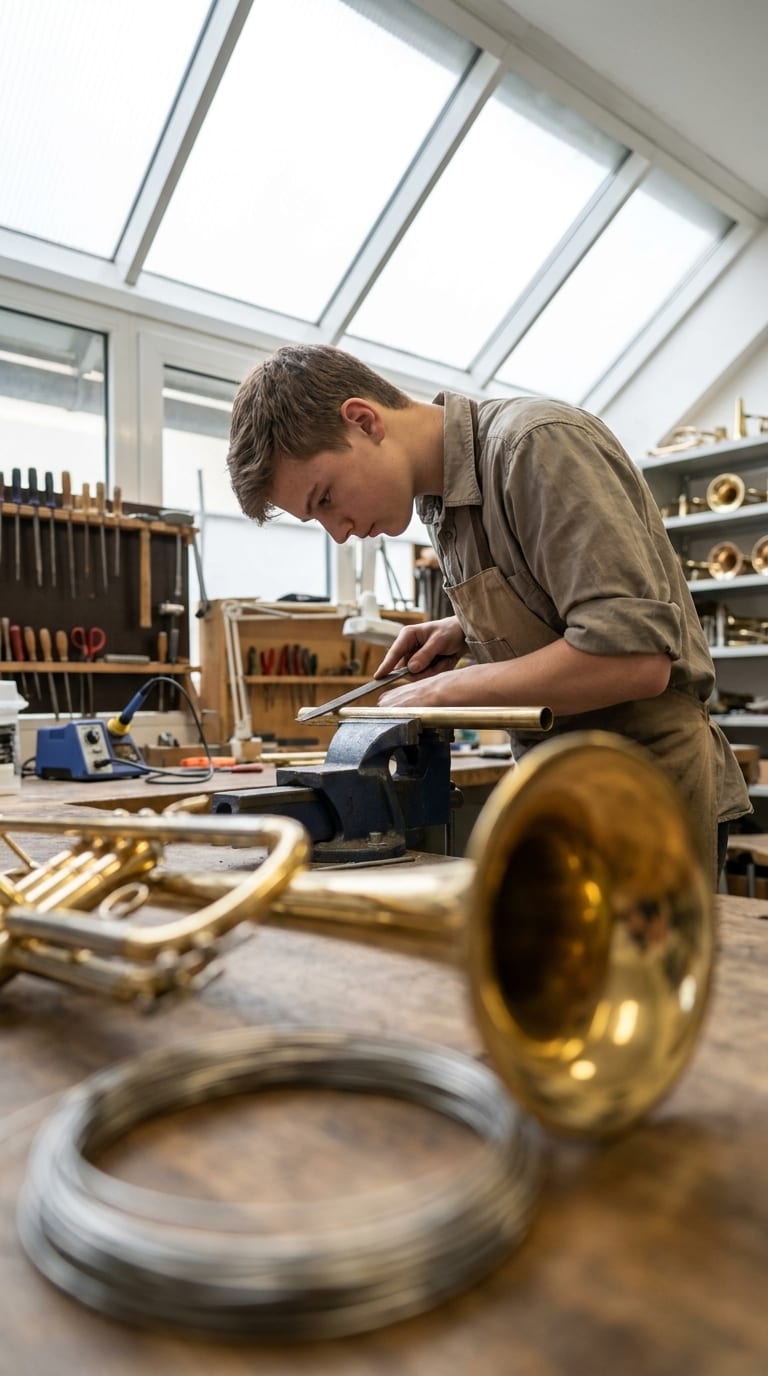 Ein Instrumentenbauer feilt ein Messingrohr im Schraubstock, auf dem Arbeitstisch davor liegt eine Trompete.