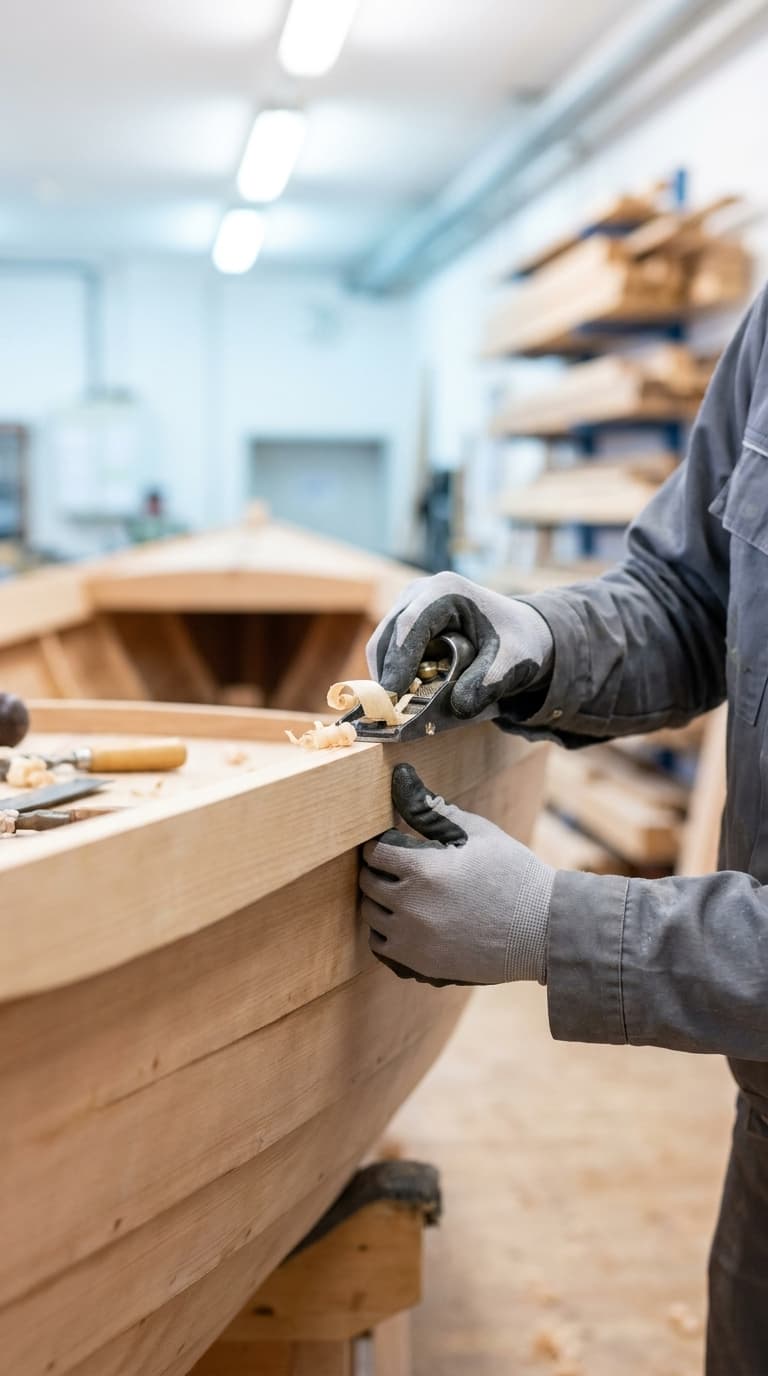 Ein Bootsbauer hobelt mit einem Handhobel den Holzrand eines Bootes in einer Werkstatt.