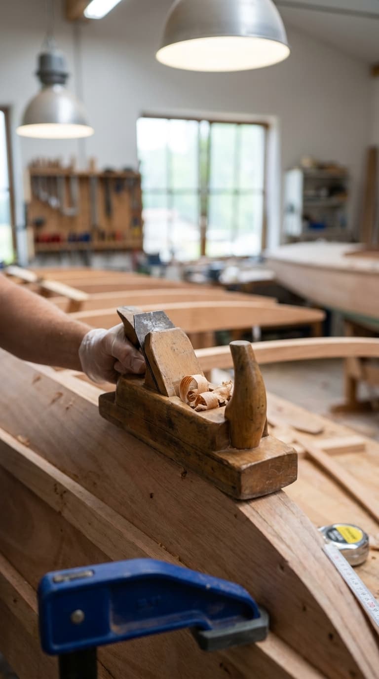 Eine Hand führt einen hölzernen Handhobel über das Holzgerüst eines Bootes in einer Werkstatt.