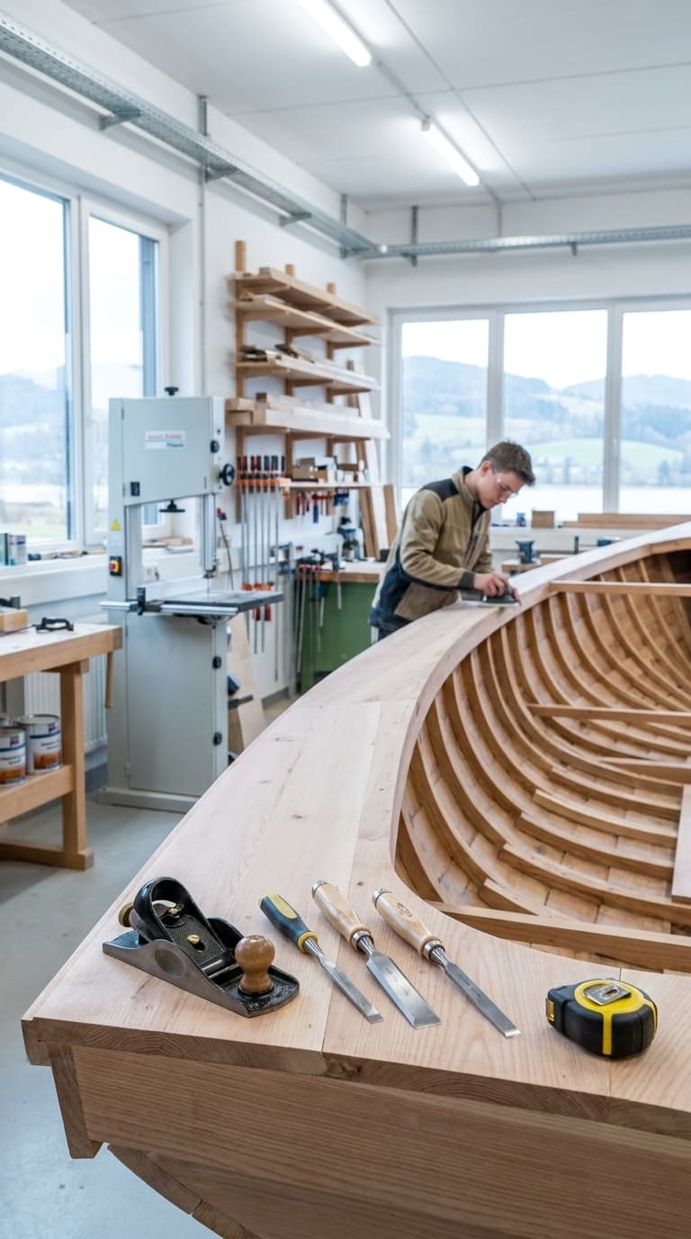Ein Bootsbauer arbeitet in einer Werkstatt an einem Holzboot; im Vordergrund liegen Hobel, Stechbeitel und Maßband.