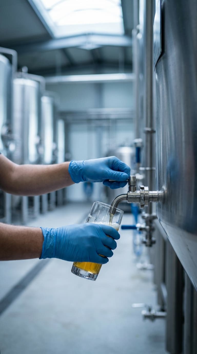 Ein Brauer mit blauen Handschuhen zapft Bier aus einem großen Stahltank in ein Glas.