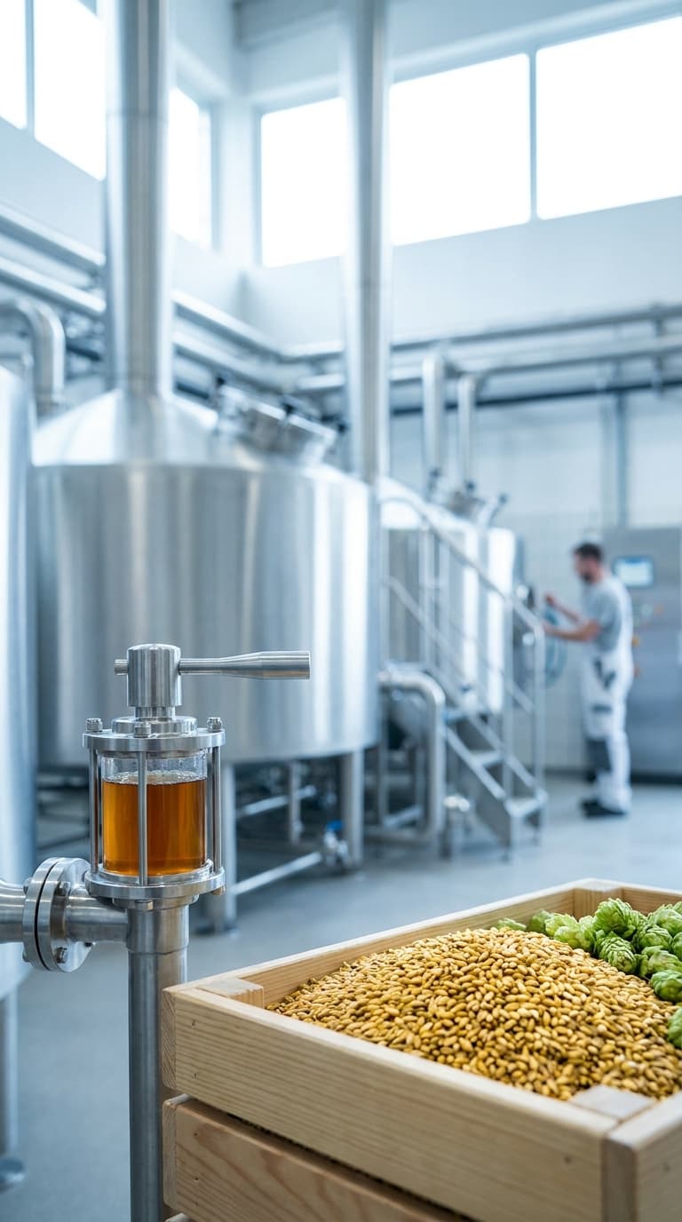 Kiste mit Hopfen und Malz im Vordergrund, dahinter ein Brauer an großen Edelstahltanks in einer hellen Brauerei.