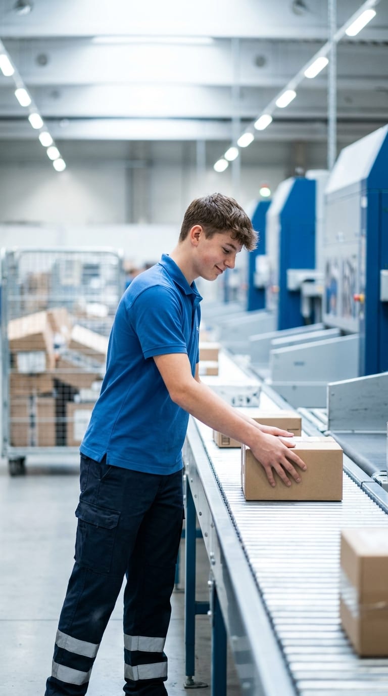 Ein Lehrling sortiert Kartons auf einem Rollenband in einer Logistikhalle.