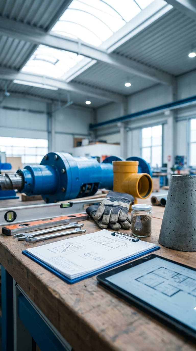 Auf einer hölzernen Werkbank in einer Werkhalle liegen Baupläne, Werkzeuge, Arbeitshandschuhe und Bauteile.