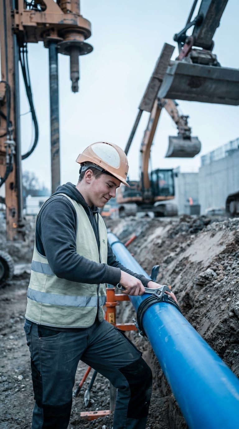 Ein Bauarbeiter zieht mit einem Schraubenschlüssel eine Schelle an einem blauen Rohr auf einer Baustelle fest.