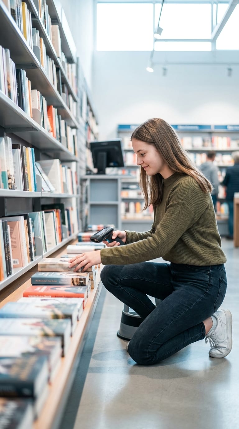 Eine Buchhändlerin kniet vor einem Regal und scannt ein Buch mit einem Handscanner.
