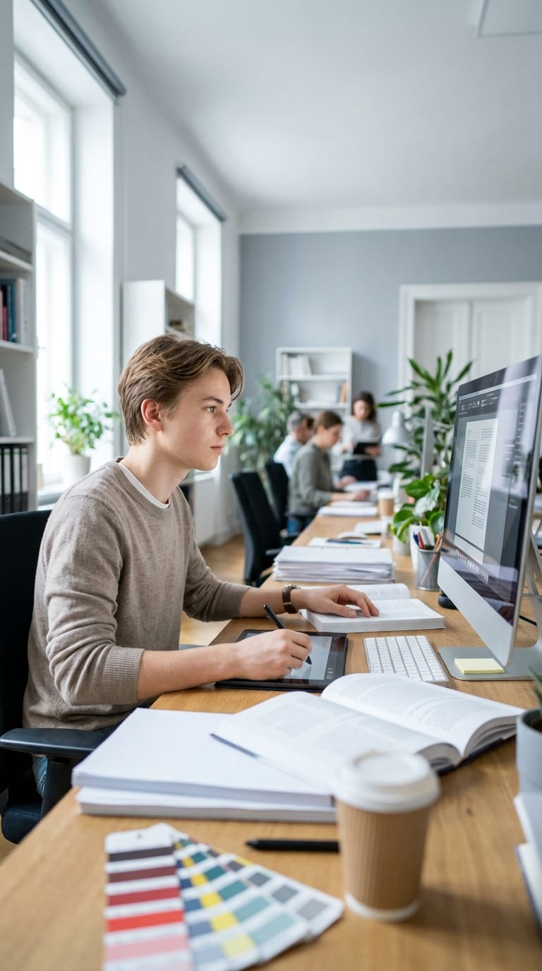 Ein Lehrling arbeitet mit einem Grafiktablett und Stift am Computer in einem hellen Büro.
