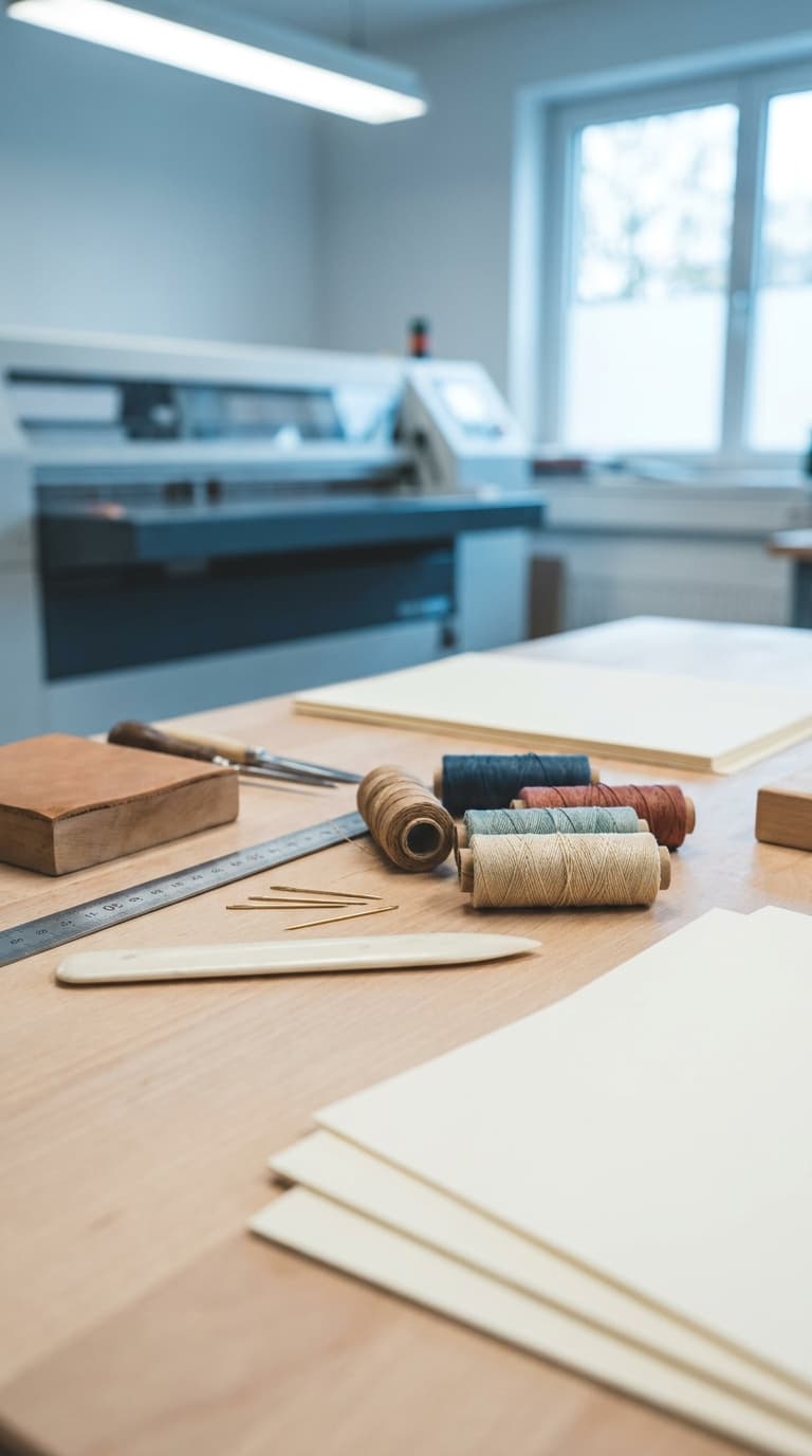 Werkzeuge für die Buchbinderei wie Garnrollen, Nadeln, Falzbein und Papier liegen auf einem Tisch in einer Werkstatt.