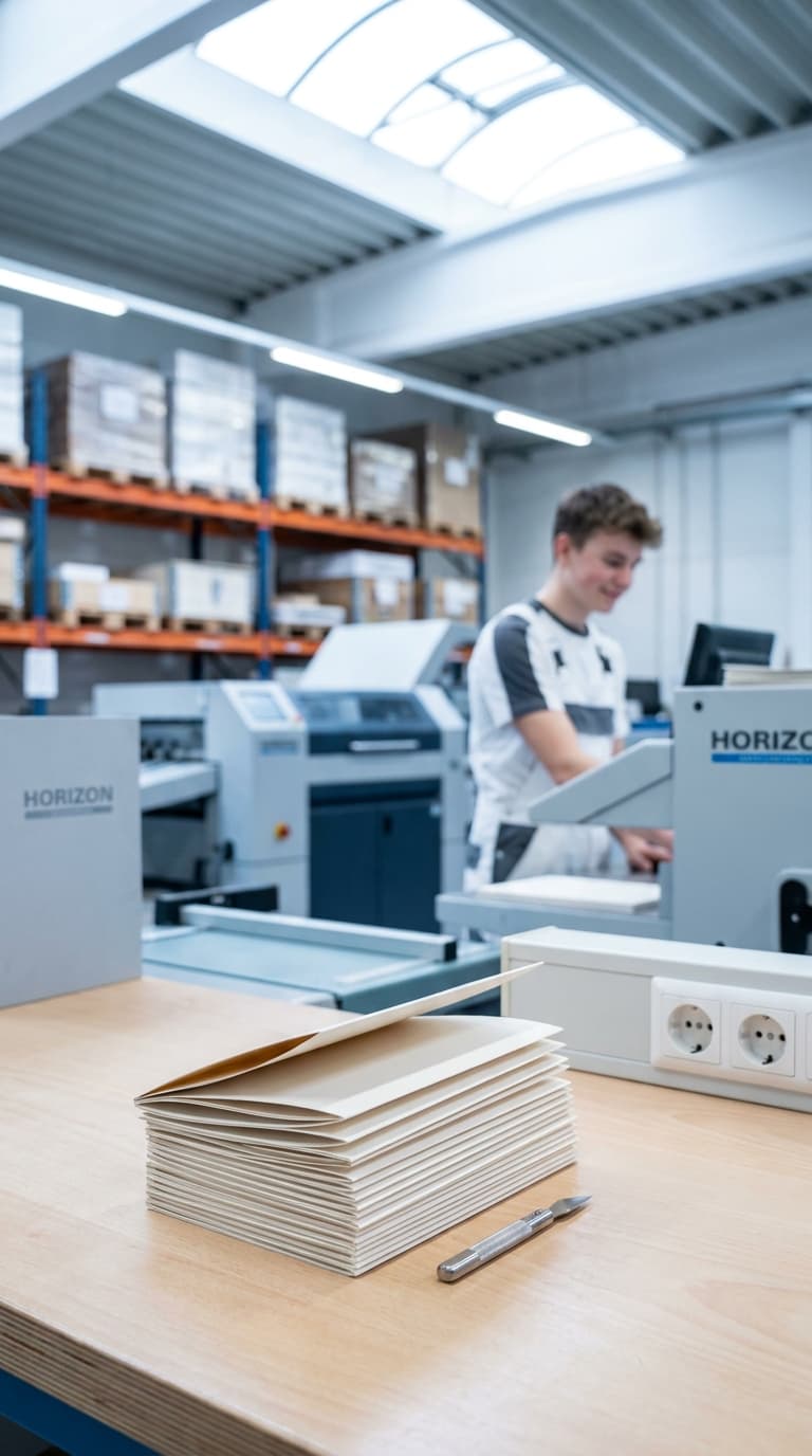 Ein Lehrling arbeitet an einer Druckmaschine hinter einem Stapel Papier und einem Skalpell auf einem Holztisch.