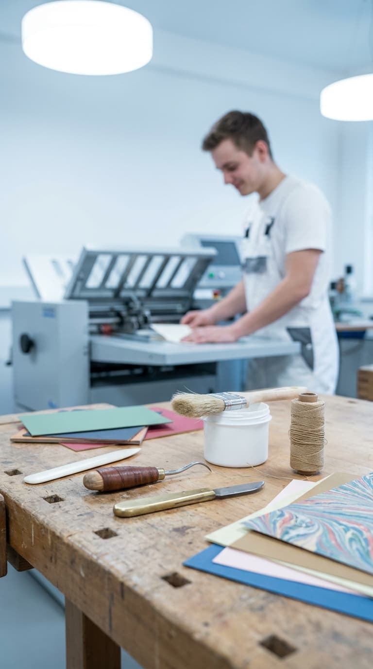 Ein angehender Buchbinder arbeitet an einer Maschine; im Vordergrund liegen Werkzeuge und Papier auf einer Werkbank.
