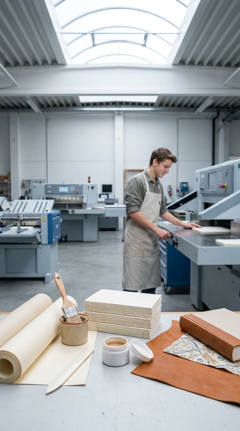 Ein Buchbinder bedient eine Maschine in einer Werkstatt; im Vordergrund liegen Buchblöcke, Pinsel und Leder.