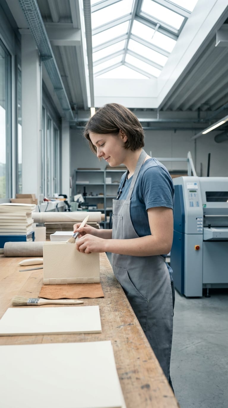 Eine Buchbinderin trägt an einem Holztisch mit einem Pinsel Klebstoff auf ein Buch auf.