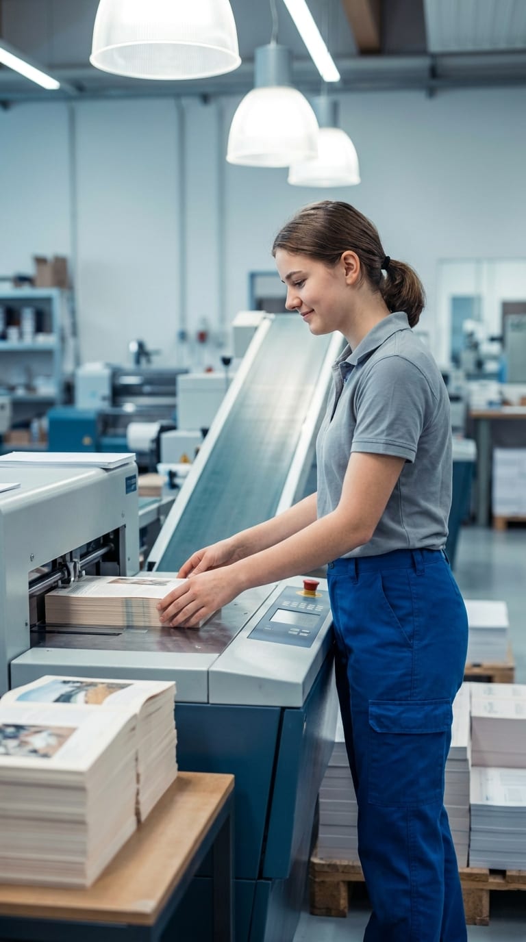 Eine Druckerin in Arbeitskleidung legt in einer Druckerei einen Stapel Papier in eine Maschine.