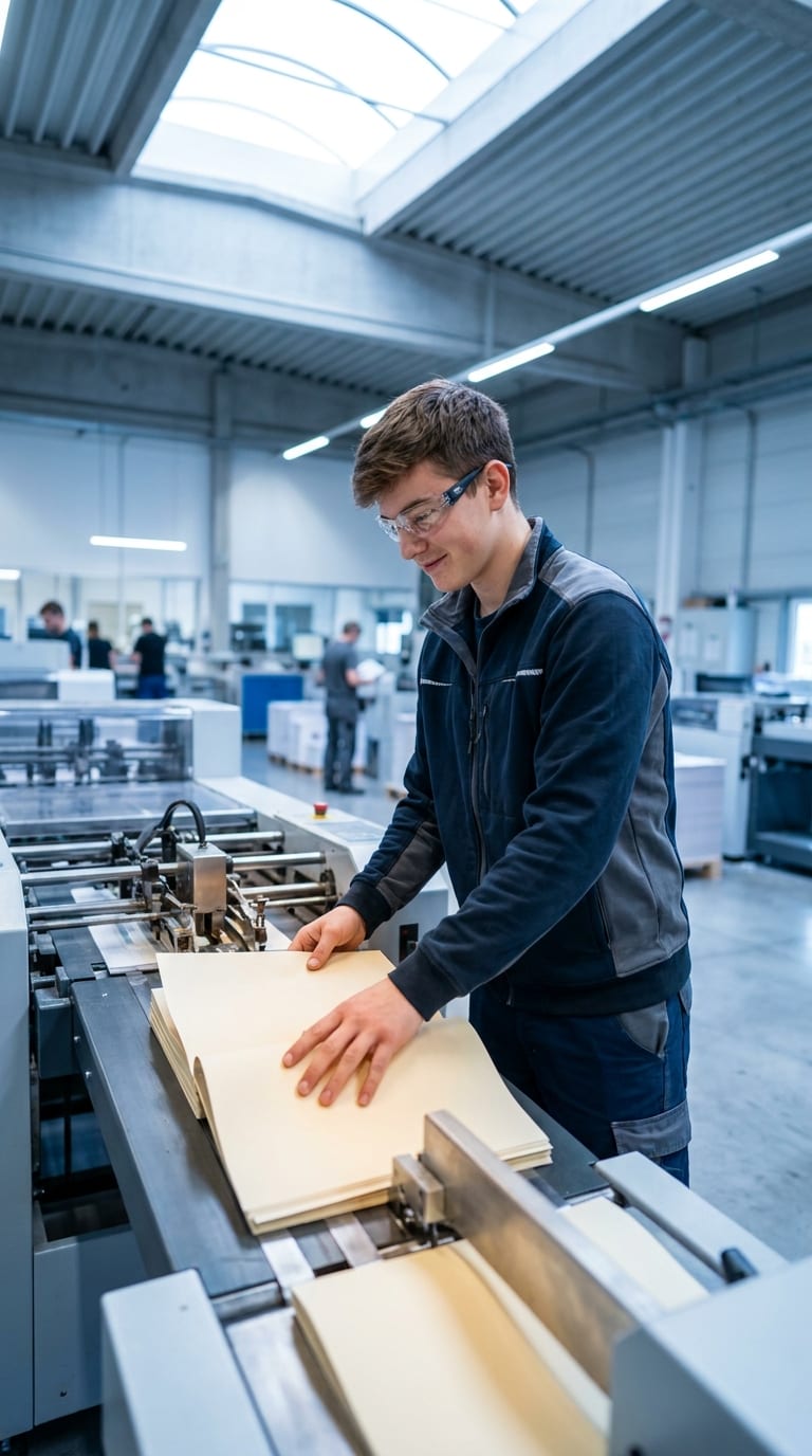Ein Lehrling mit Schutzbrille legt einen Stapel gelbes Papier in eine Druckmaschine ein.
