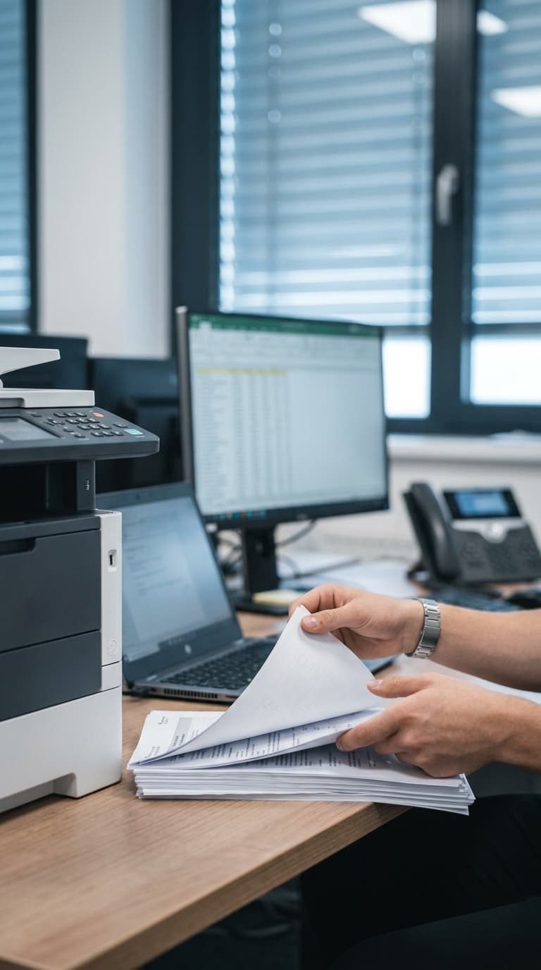Eine Bürokraft blättert am Schreibtisch neben Drucker und Laptop einen Stapel Dokumente durch.